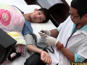 Gay sex with an Asian twink who is examined by a medic and has cum on his bareback.