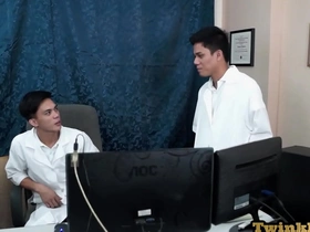 Young Asian medical uniform wearing twinks have raw sex in the office